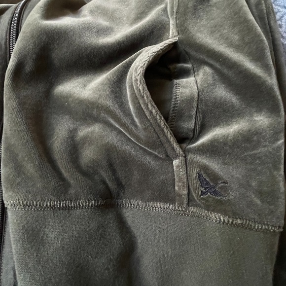 Eddie Bauer Hooded Full Zip Sweater Women Size PM Green Pocket Velvet Velour - Picture 3 of 11